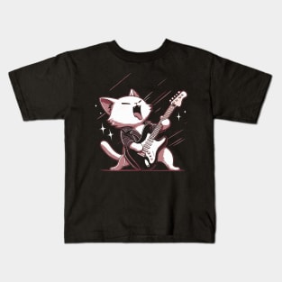 Funny Kawaii Cat Playing on electric guitaR Kids T-Shirt